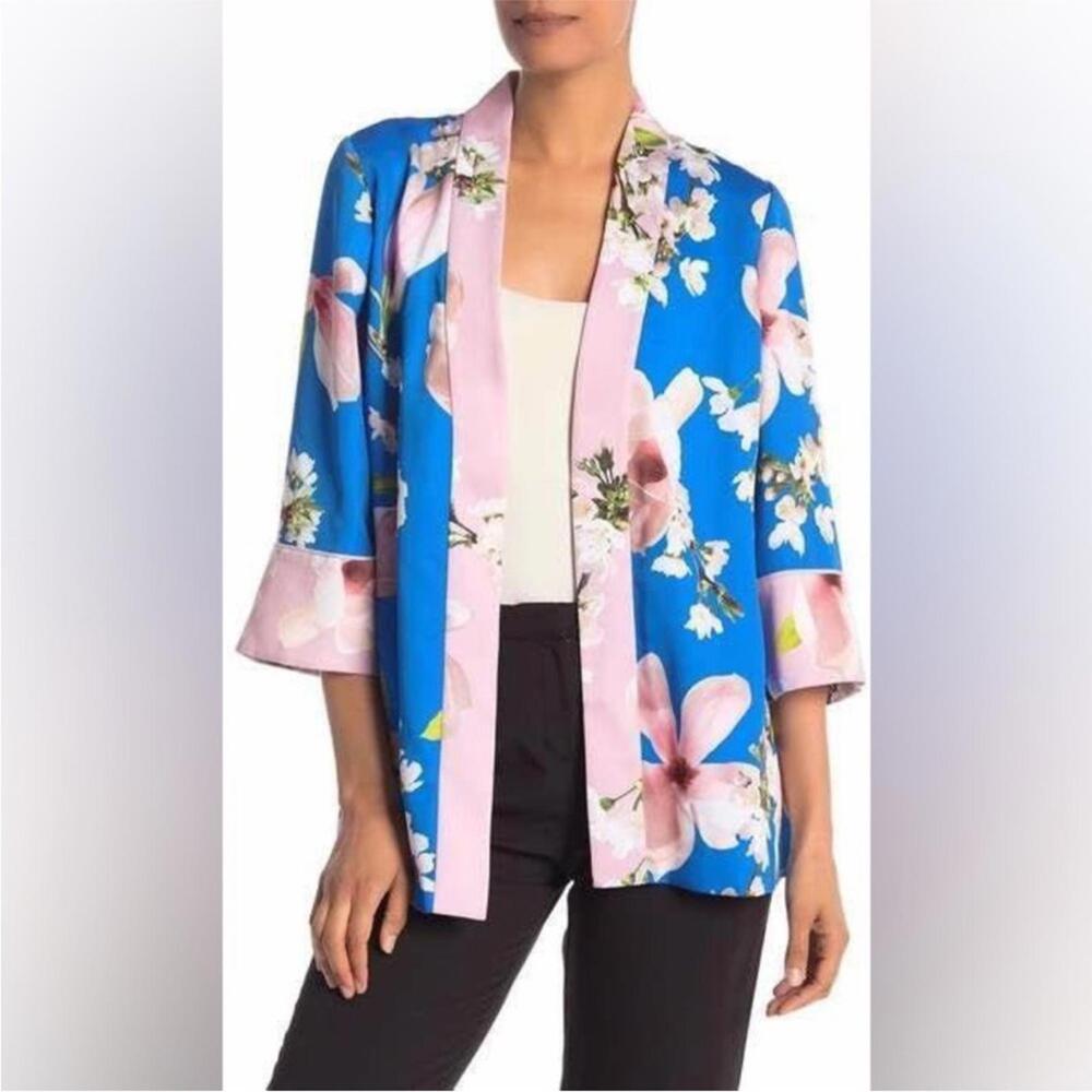 TED BAKER LONDON Harmony Pleat Back Kimono Jacket Blue and Pink Floral Small - Picture 2 of 13